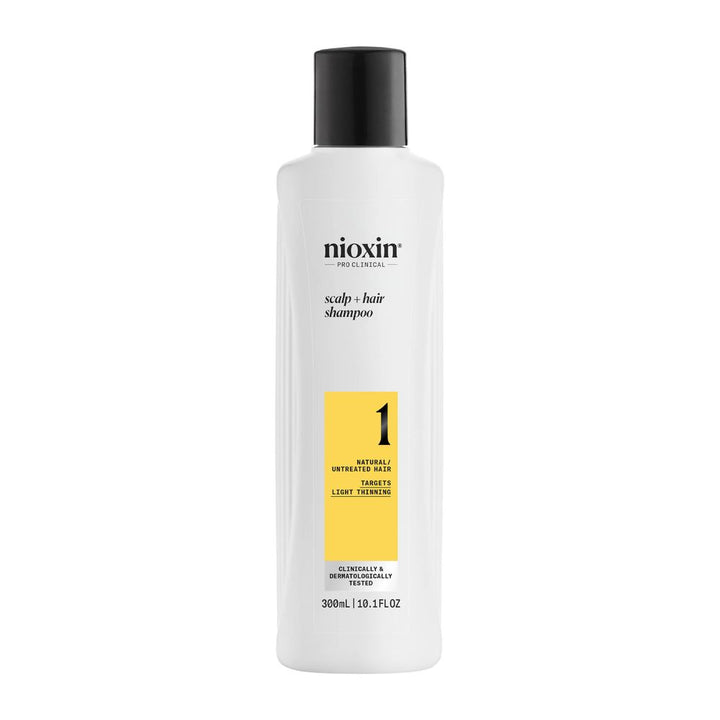 300 ml clear bottle of clarifying shampoo for scalp and fine hair, peppermint-scented