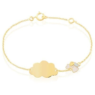 Delicate gold chain bracelet with cloud-shaped plate and small angel charm on wrist