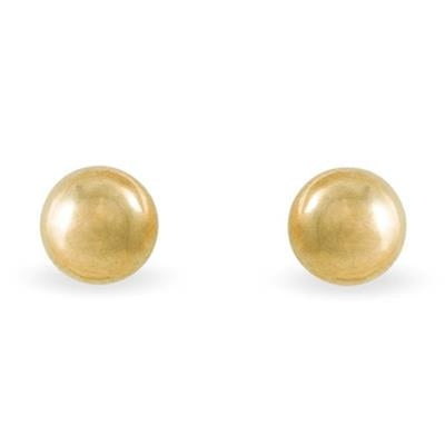 Pair of polished round gold stud earrings with smooth shiny domed surfaces on white background