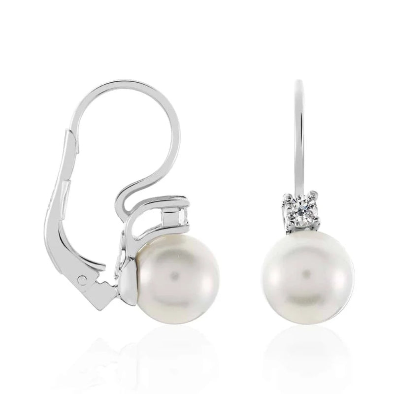 Stroili Silver Pearl Earrings: drop earrings with white cultured pearls, small gemstone accents, and leverback closures