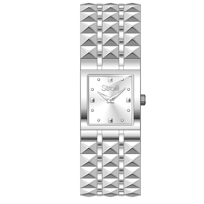 Silver stainless steel square-dial watch for Women with studded bracelet and minimalist markers