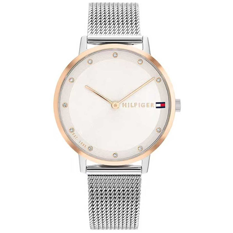 Women’s stainless steel mesh watch with rose gold bezel, white dial and crystal hour markers
