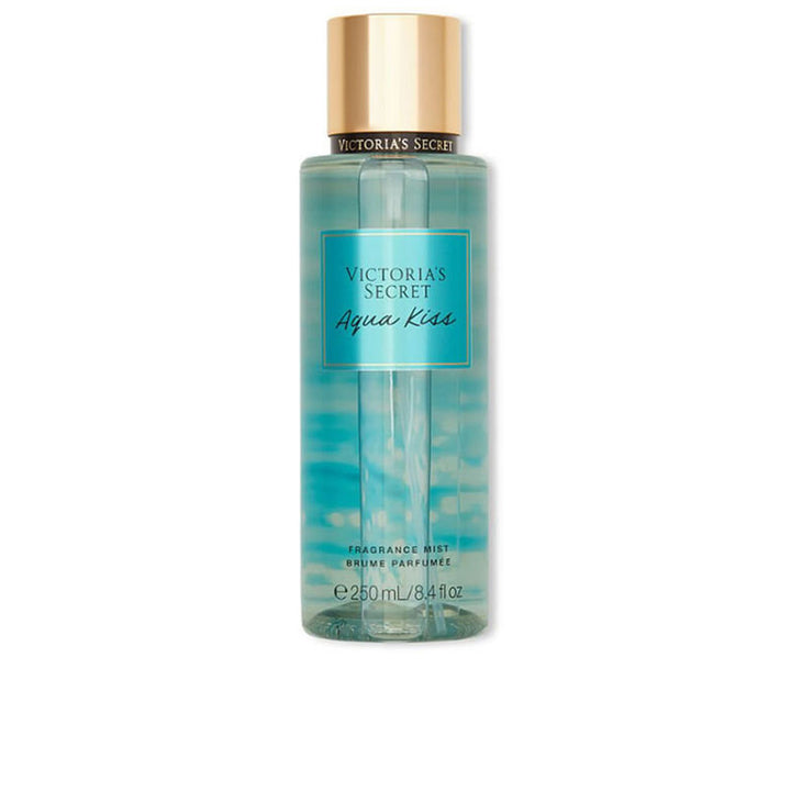 Clear 250 ml floral body mist bottle with aqua label, spray cap